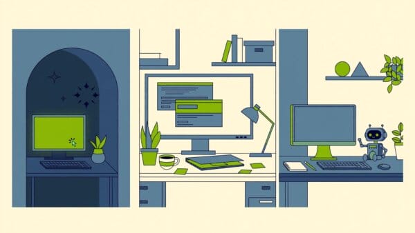 Illustration of three coding workstations — a terminal agent, an AI-native editor and an editor with an assistant