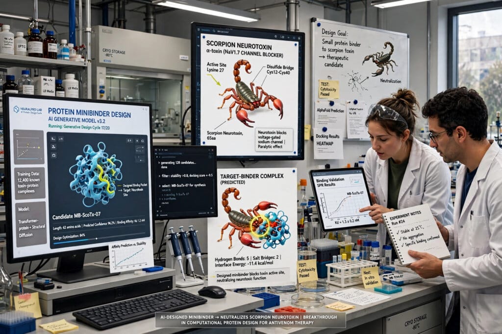 AI system designing Claude protein minibinders against a scorpion neurotoxin structure in a research laboratory