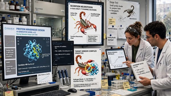 AI system designing Claude protein minibinders against a scorpion neurotoxin structure in a research laboratory