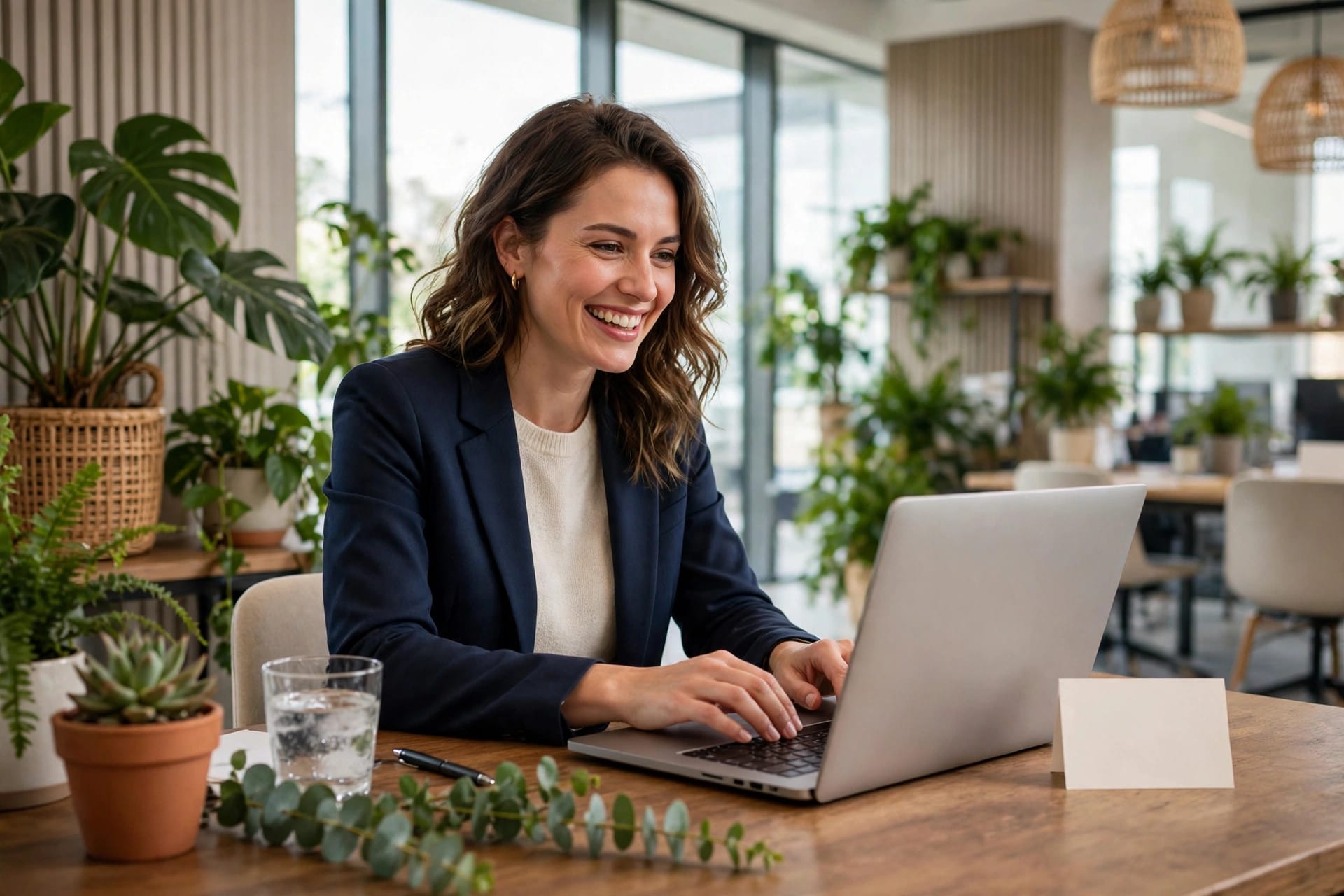 An employee typing feedback on a laptop in a bright modern office