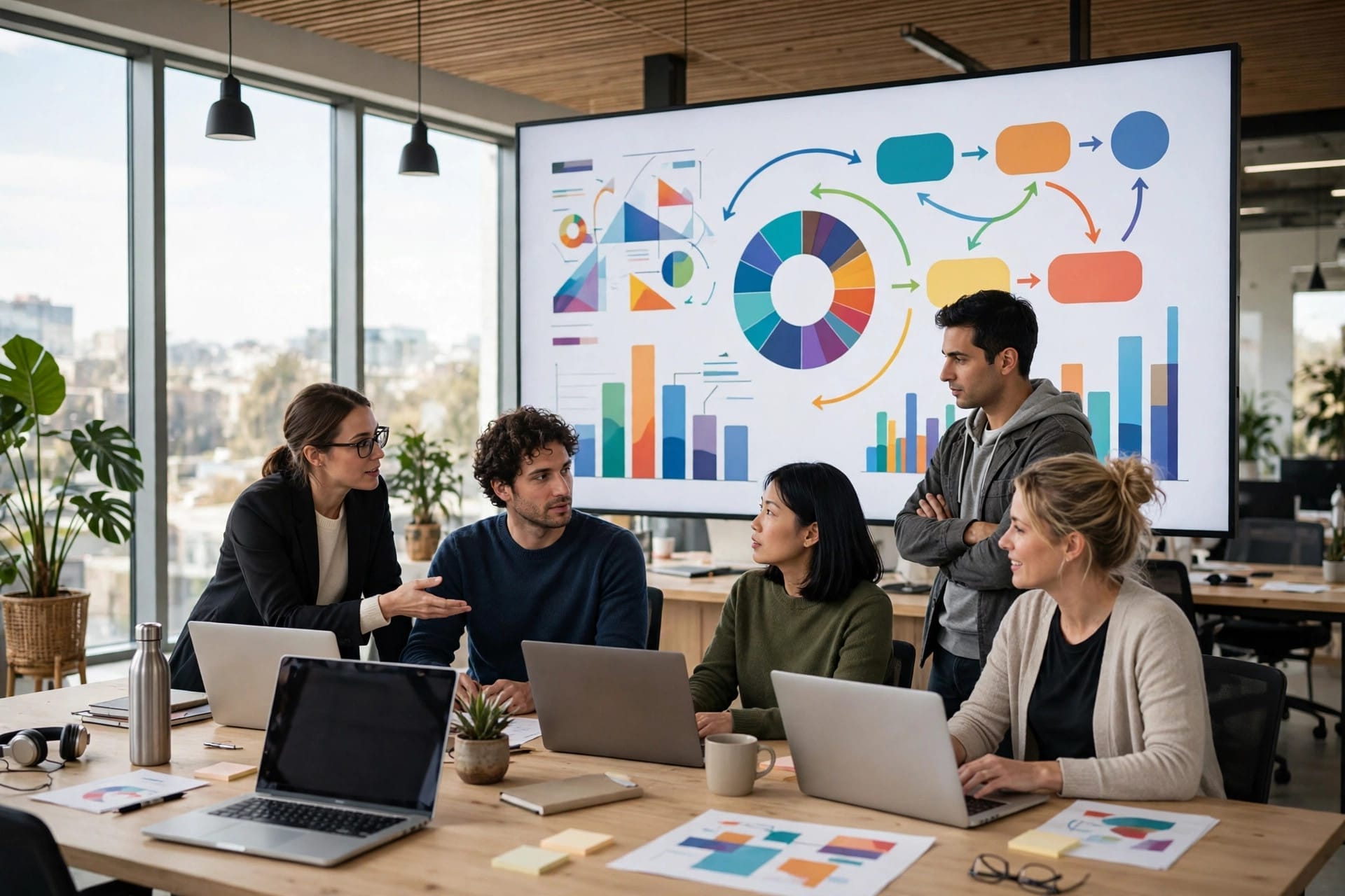 An enterprise team reviewing colourful usage charts on a large screen in a bright office