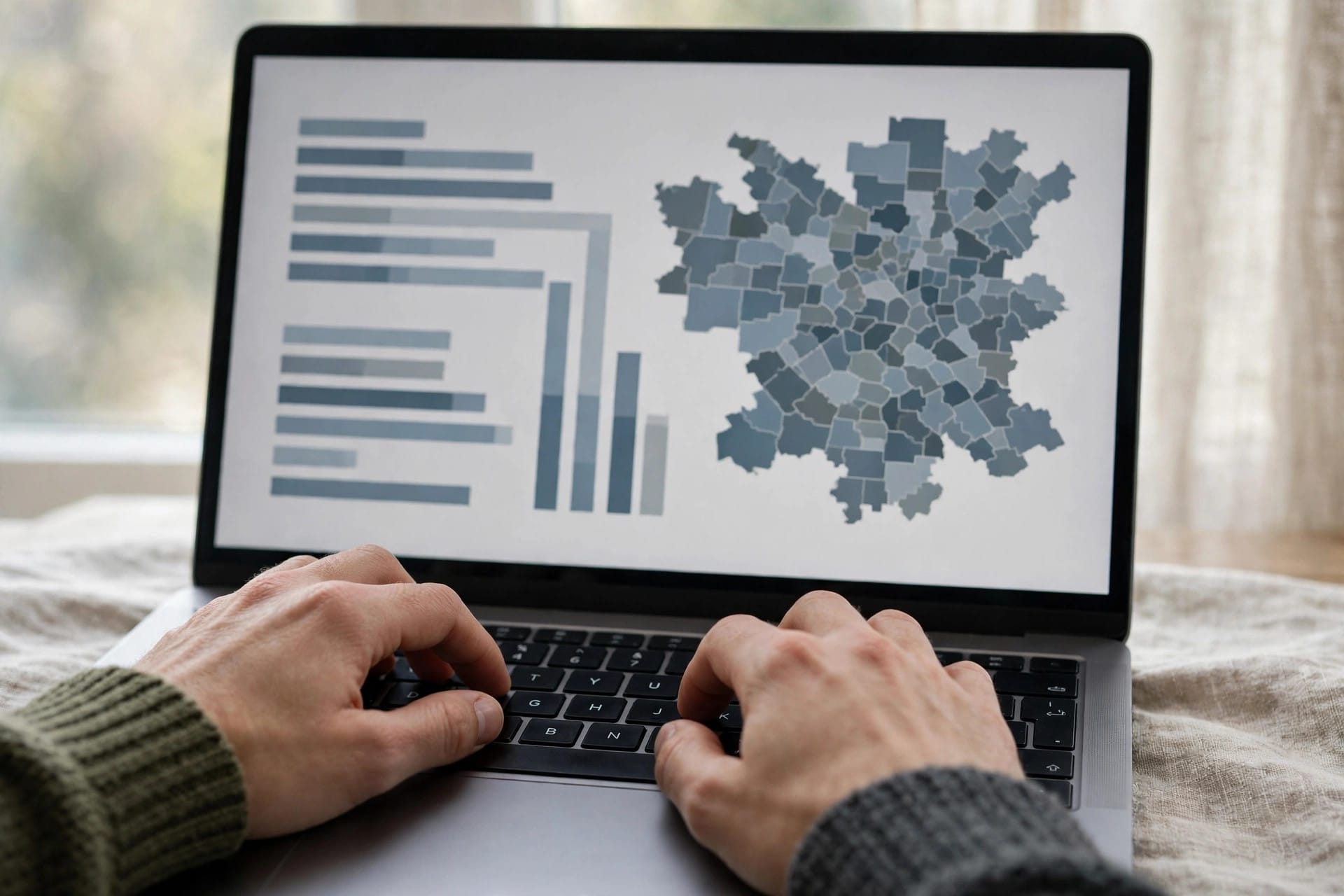 Hands typing on a laptop showing an abstract election data map and charts, illustrating the Georgia data hub Claude queried