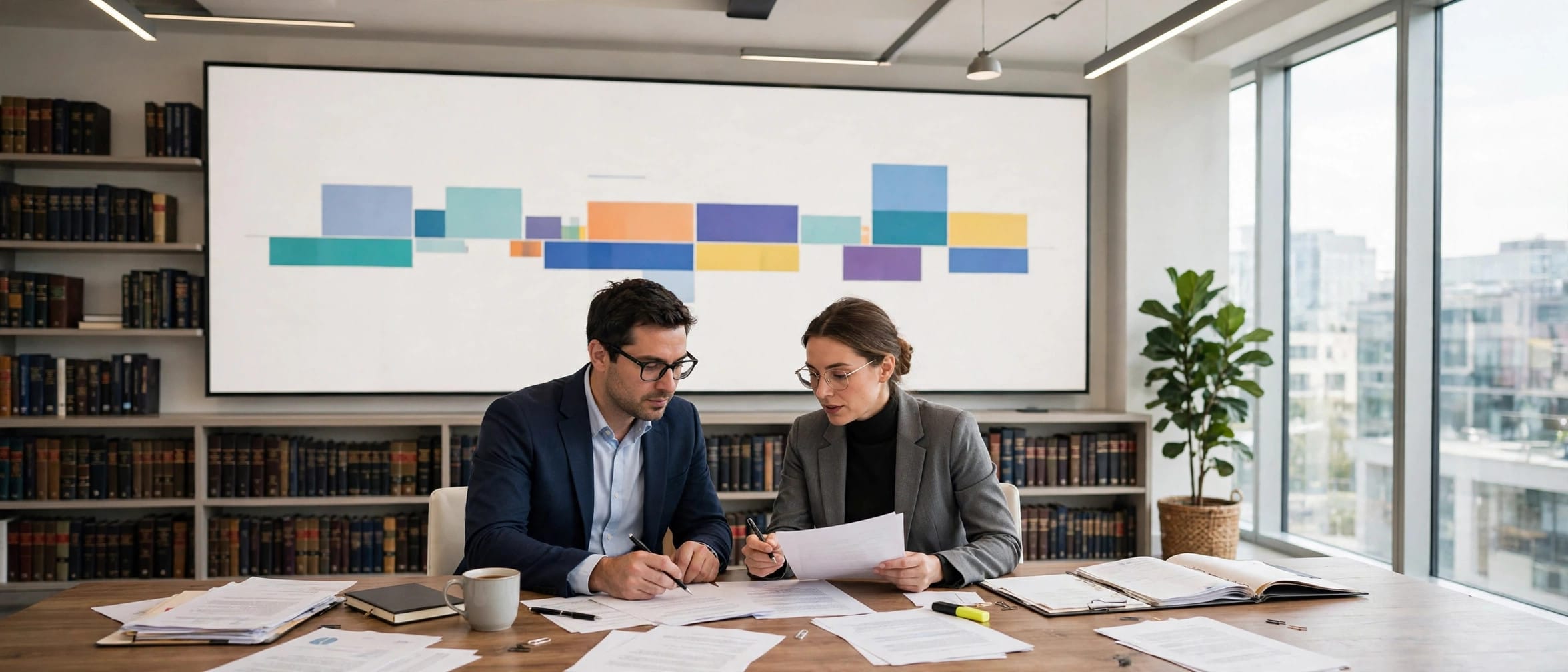 Two lawyers reviewing documents together in a modern office with an abstract timeline display