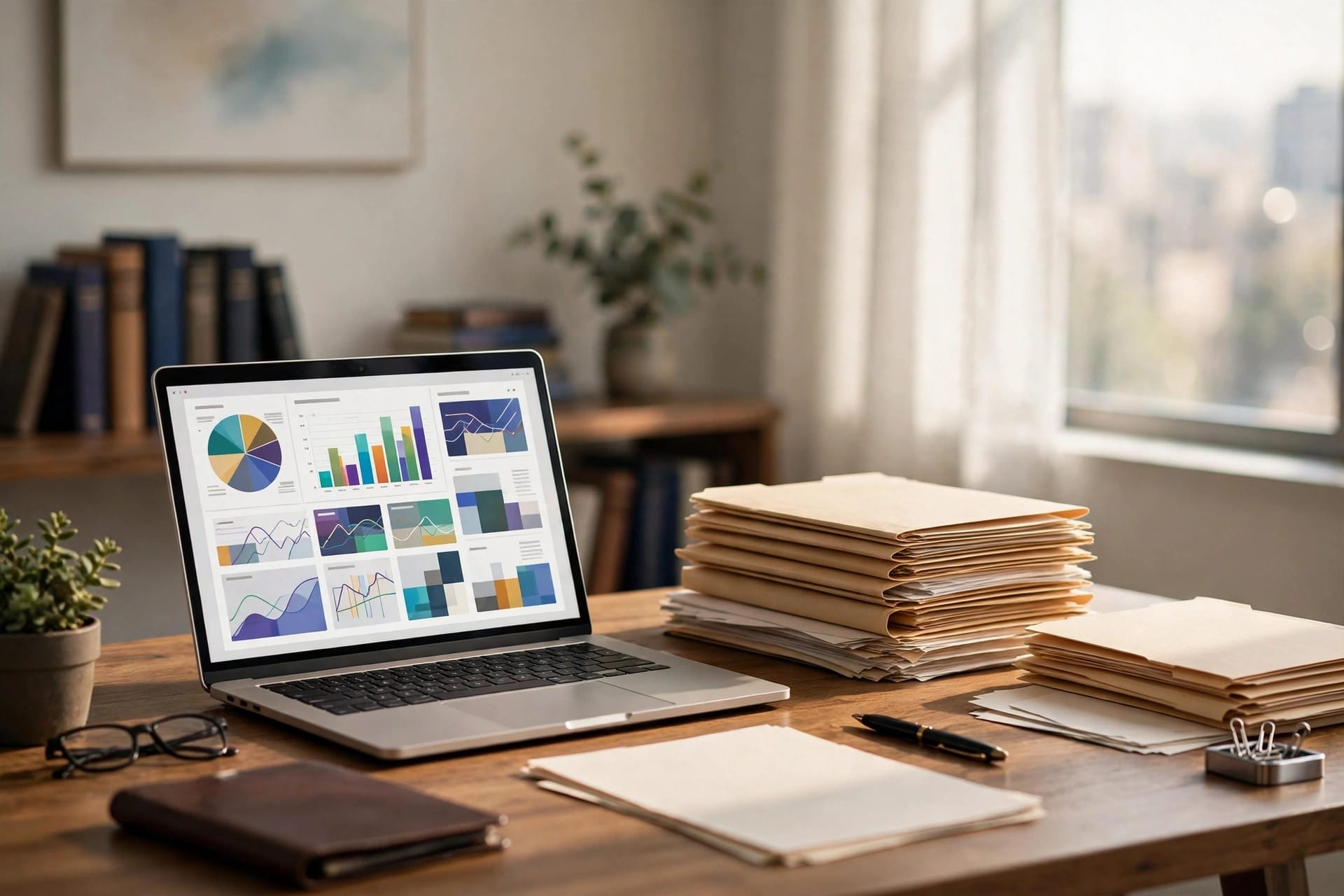 A lawyer's desk with a laptop showing abstract dashboard charts beside stacks of legal folders
