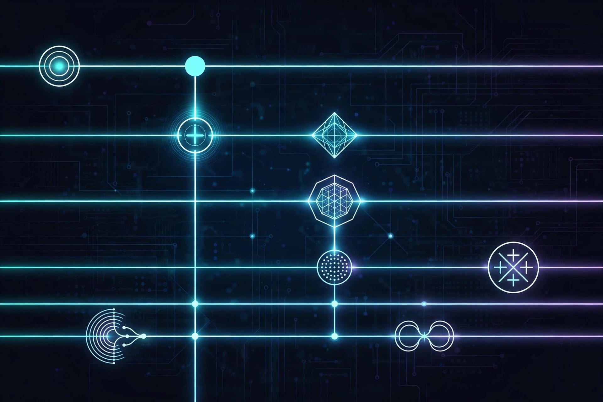 Abstract quantum circuit diagram of glowing lines and nodes from Claude Mythos 5's circuit designs