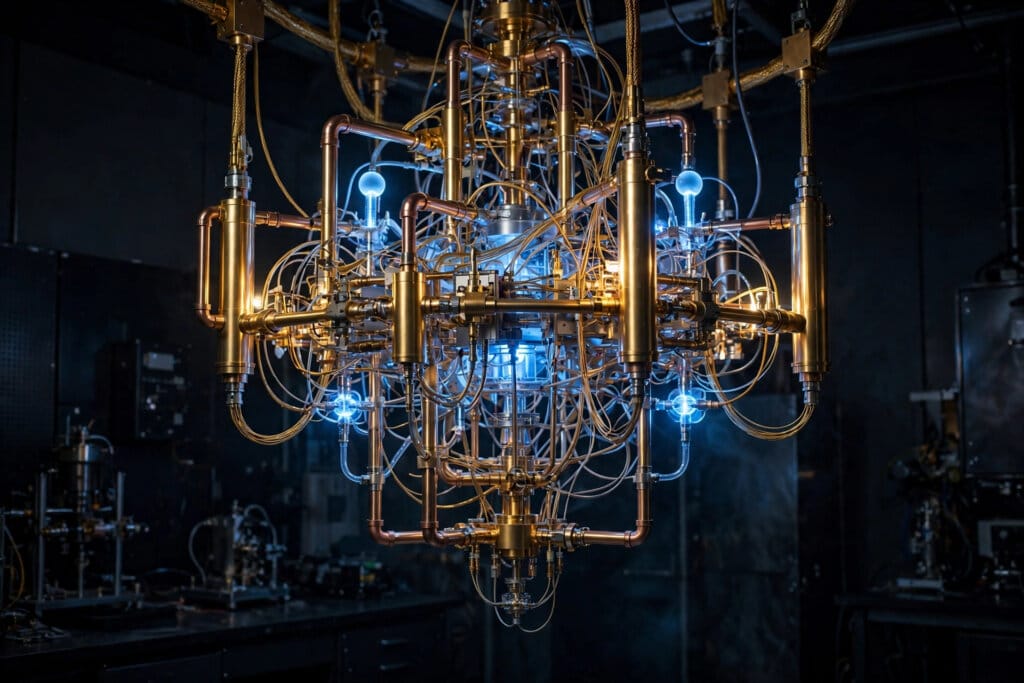 Quantum computer chandelier in a laboratory, as Claude Mythos 5 redesigns quantum circuits for Anthropic