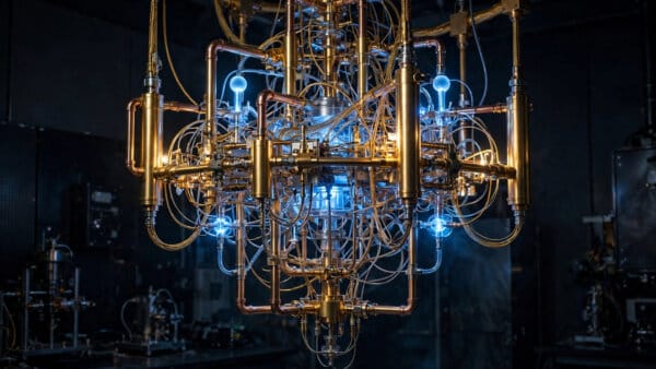 Quantum computer chandelier in a laboratory, as Claude Mythos 5 redesigns quantum circuits for Anthropic