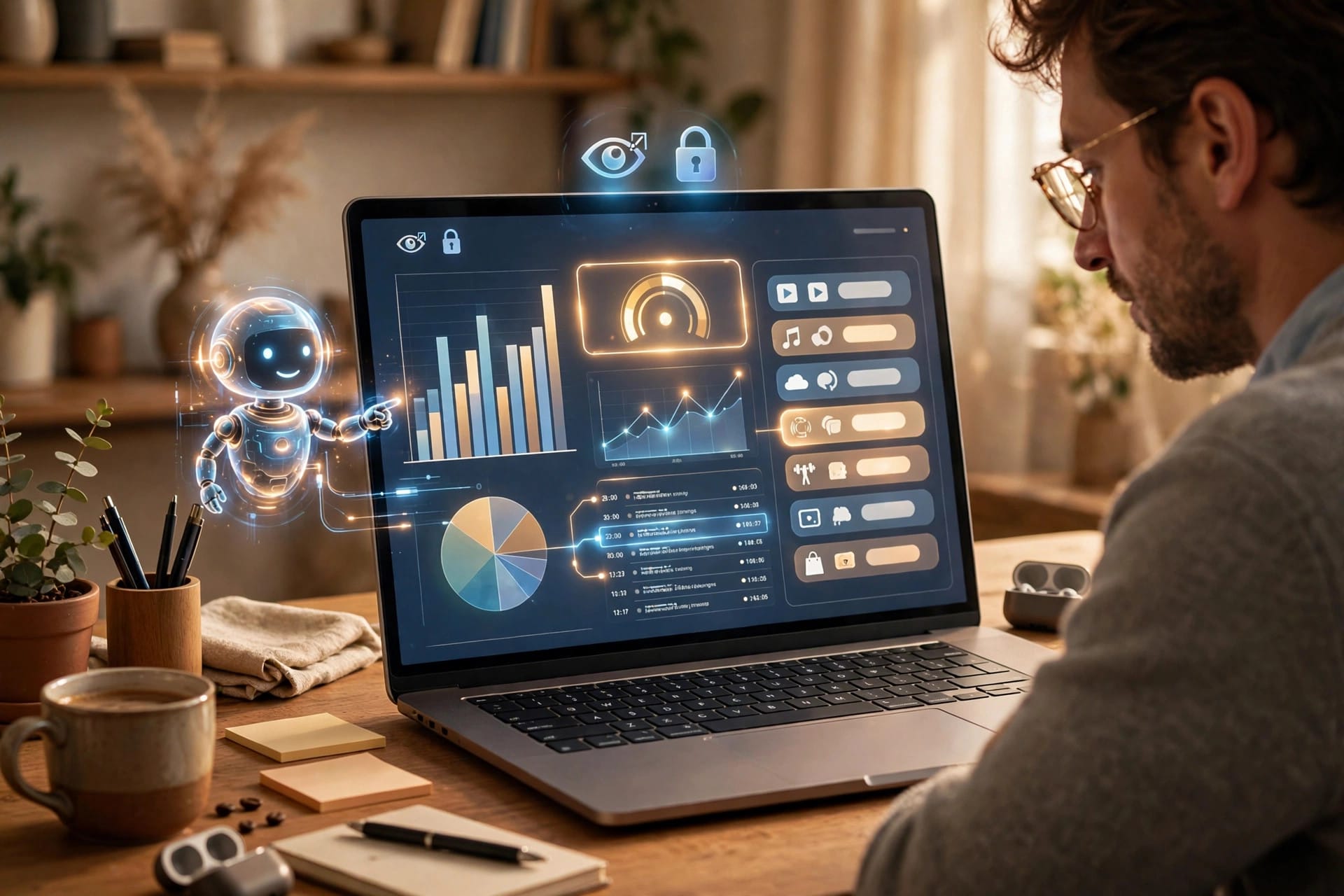Personal finance dashboard illustration with spending charts reviewed by an AI assistant, read-only access