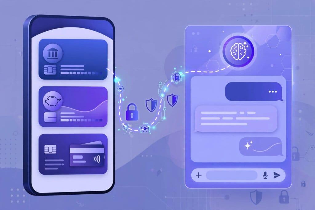 Claude Personal Finance illustration with bank account cards and an AI assistant linked securely via Plaid