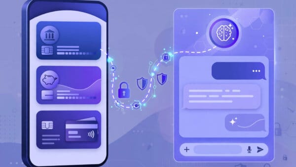 Claude Personal Finance illustration with bank account cards and an AI assistant linked securely via Plaid