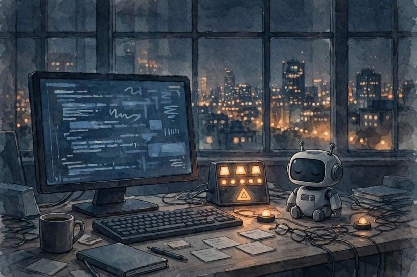 A programmer's workstation at night with an AI coding assistant shown offline during Claude's overnight outages