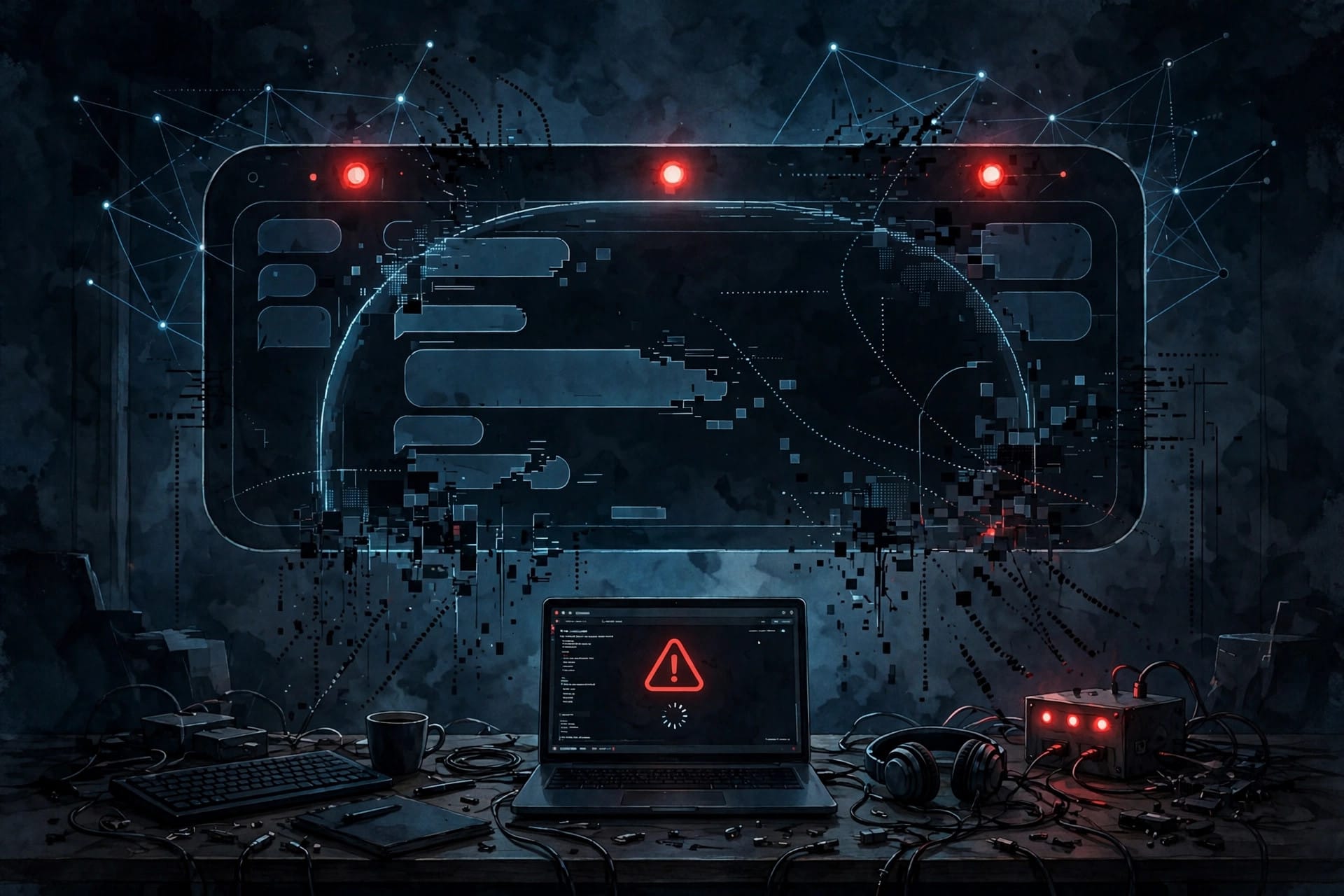 Illustration of the Claude AI assistant service going dark during its three overnight outages, with warning status lights over a developer's desk