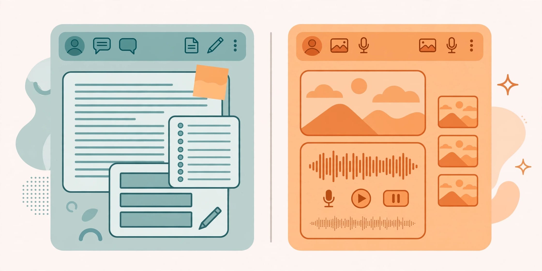 Features compared: drafting tools on one side, image and voice tools on the other.