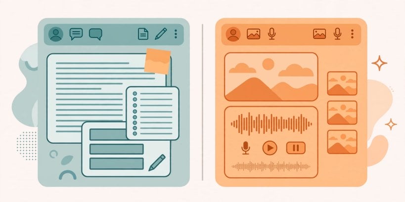 Features compared: drafting tools on one side, image and voice tools on the other.