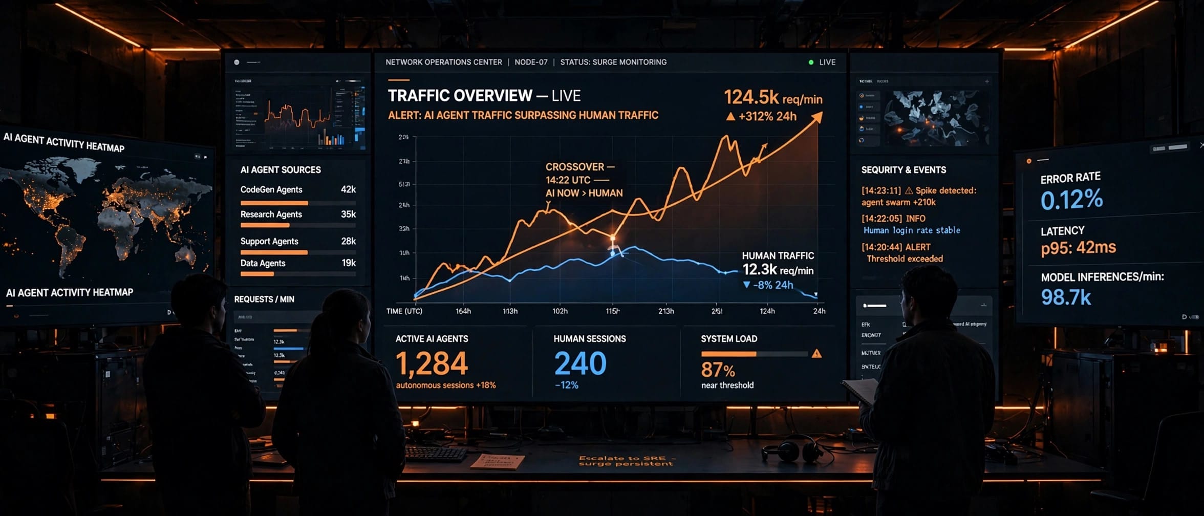 Network operations dashboard showing AI agent requests surging past human traffic on Cloudflare