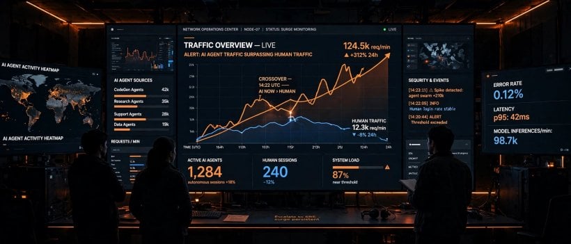 Network operations dashboard showing AI agent requests surging past human traffic on Cloudflare