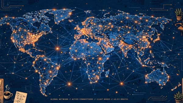 Glowing world network map as Cloudflare passes 10 million developers building for the AI agent era