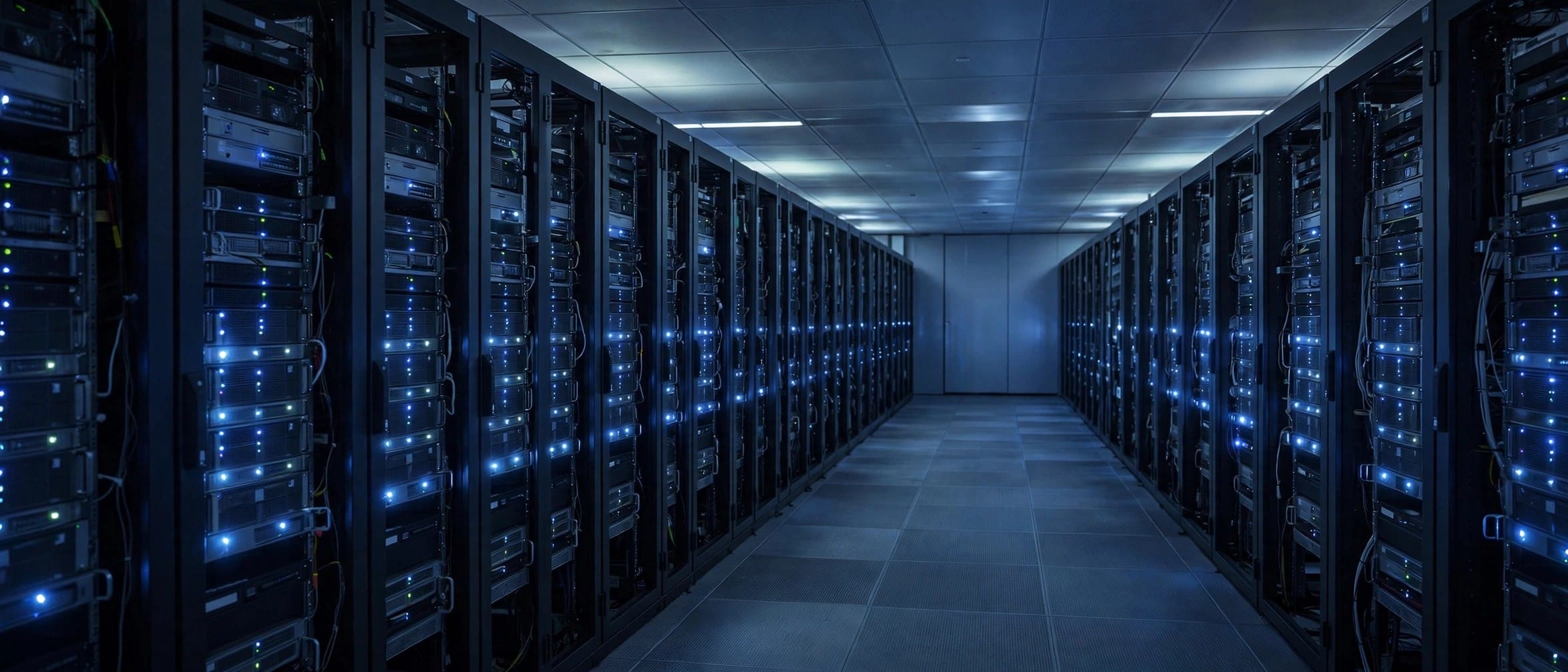Server racks in a data centre corridor with blue indicator lights