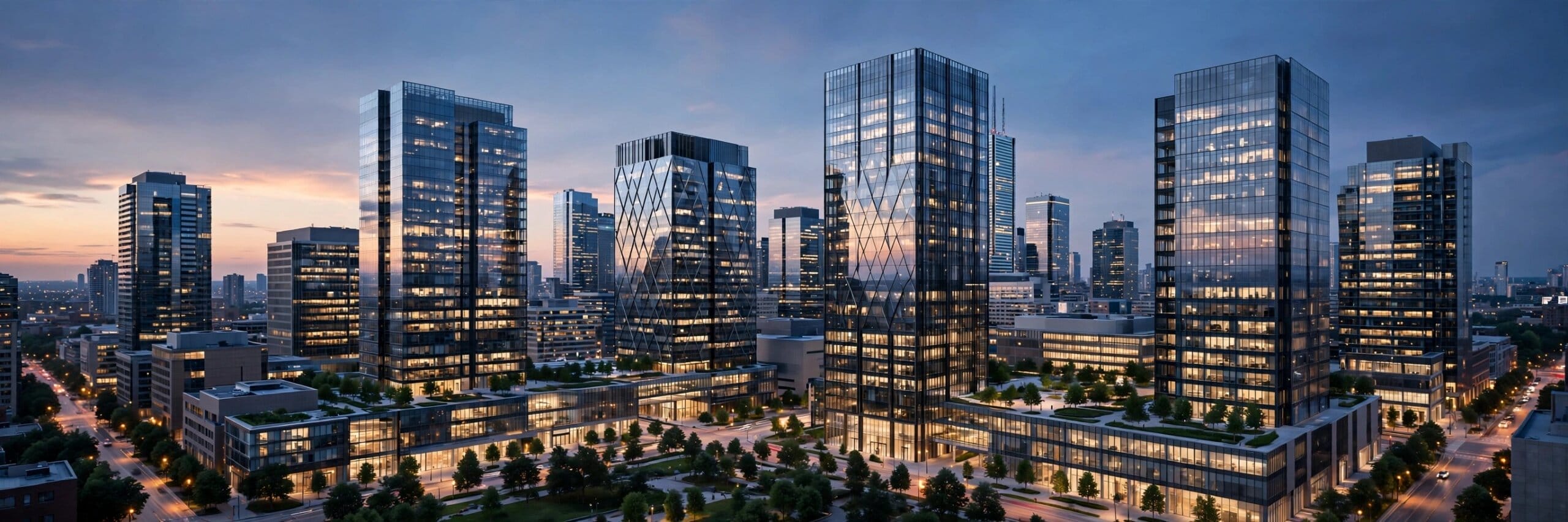 Modern office towers in Toronto at dusk with lit windows