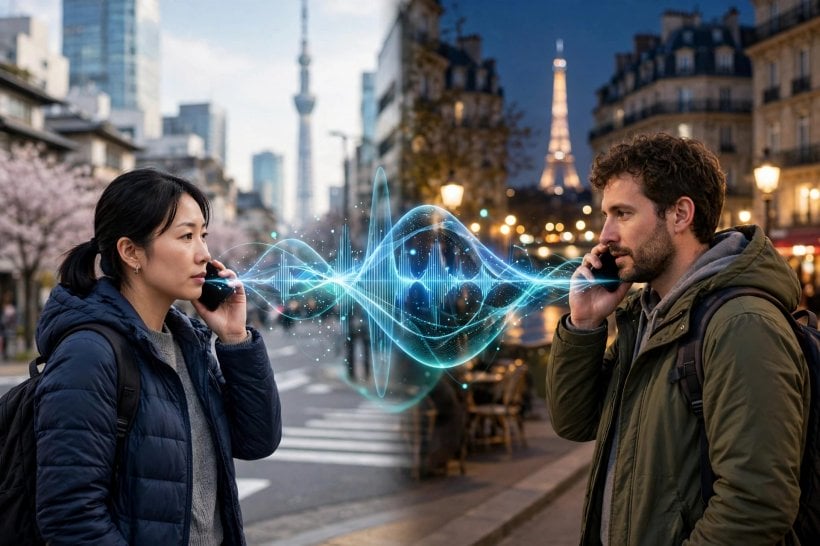 Two people talking on phones with abstract sound waves suggesting translation