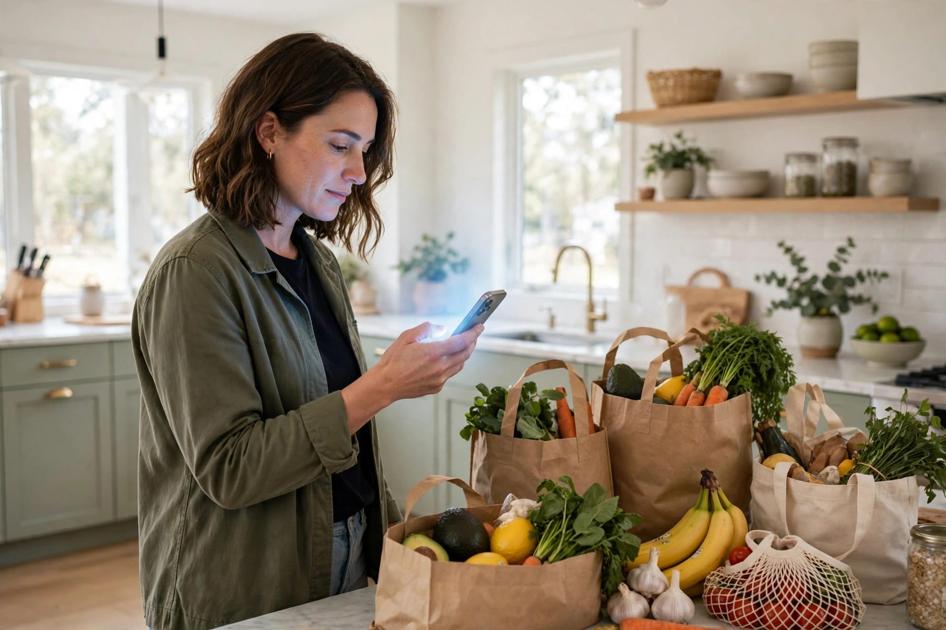 A person checking a phone beside grocery bags in a kitchen
