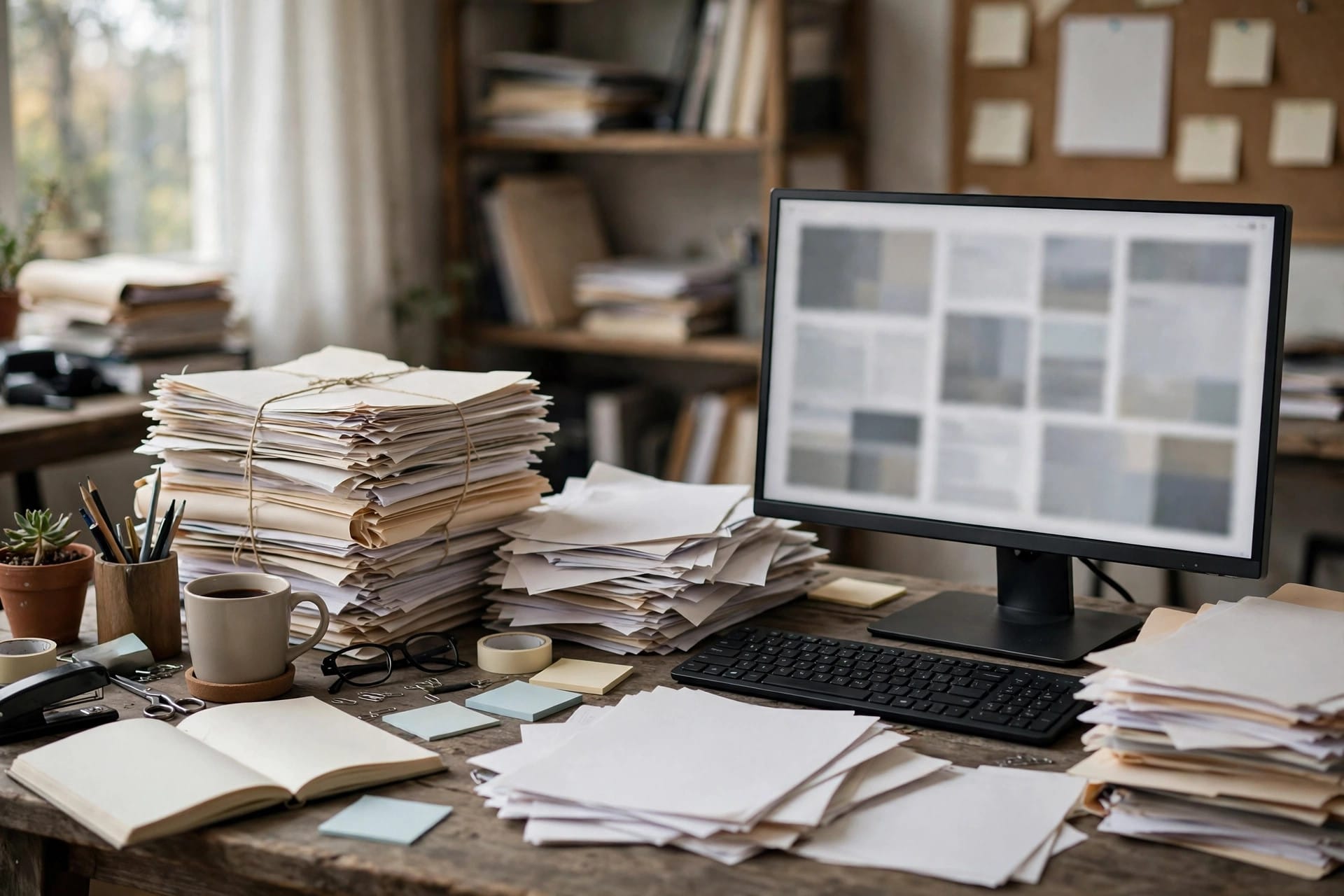 Editorial workstation with stacked papers and a monitor showing blurred article layouts
