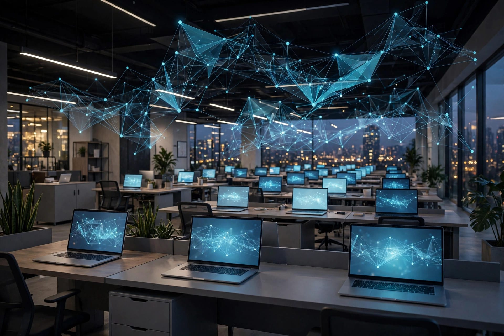 A modern office with laptops glowing softly in the evening