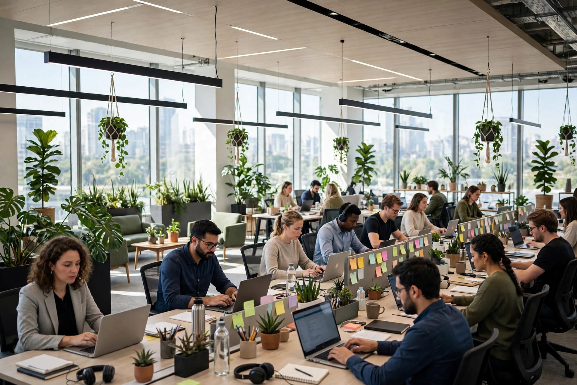 A bright modern corporate office full of employees working on laptops