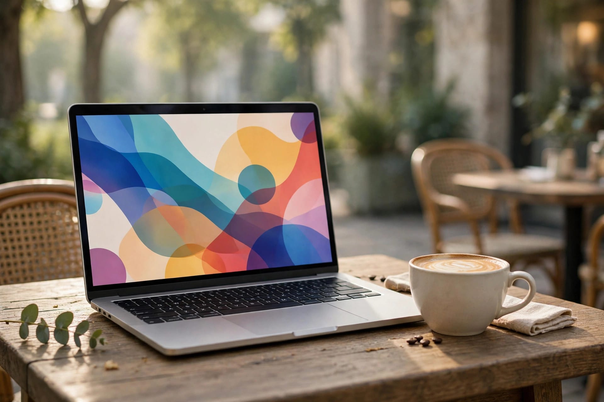 A laptop with abstract shapes on screen beside coffee at a cafe