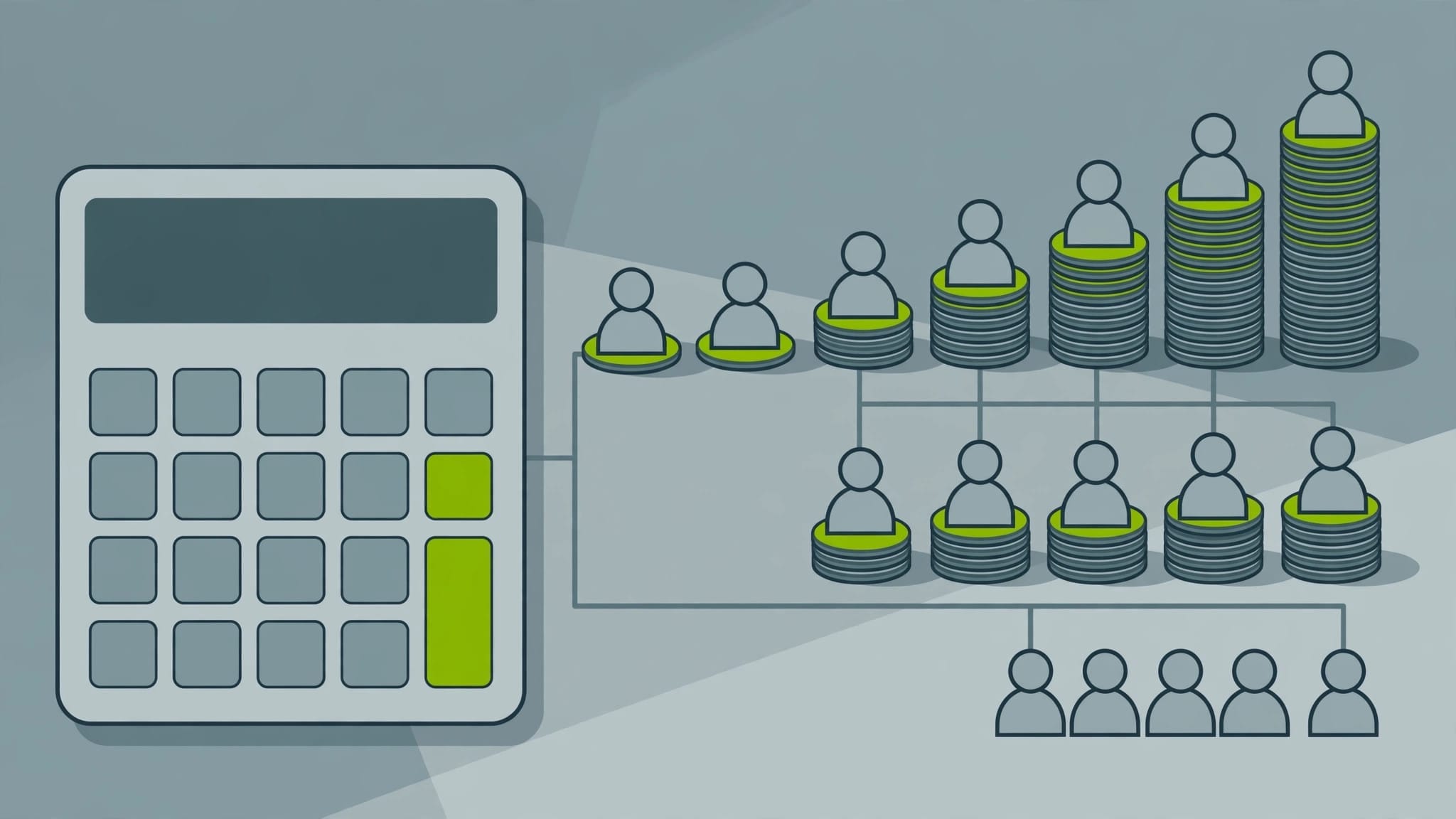 Illustration of a calculator beside an organisation chart of seats with coin stacks, representing per-seat Copilot pricing