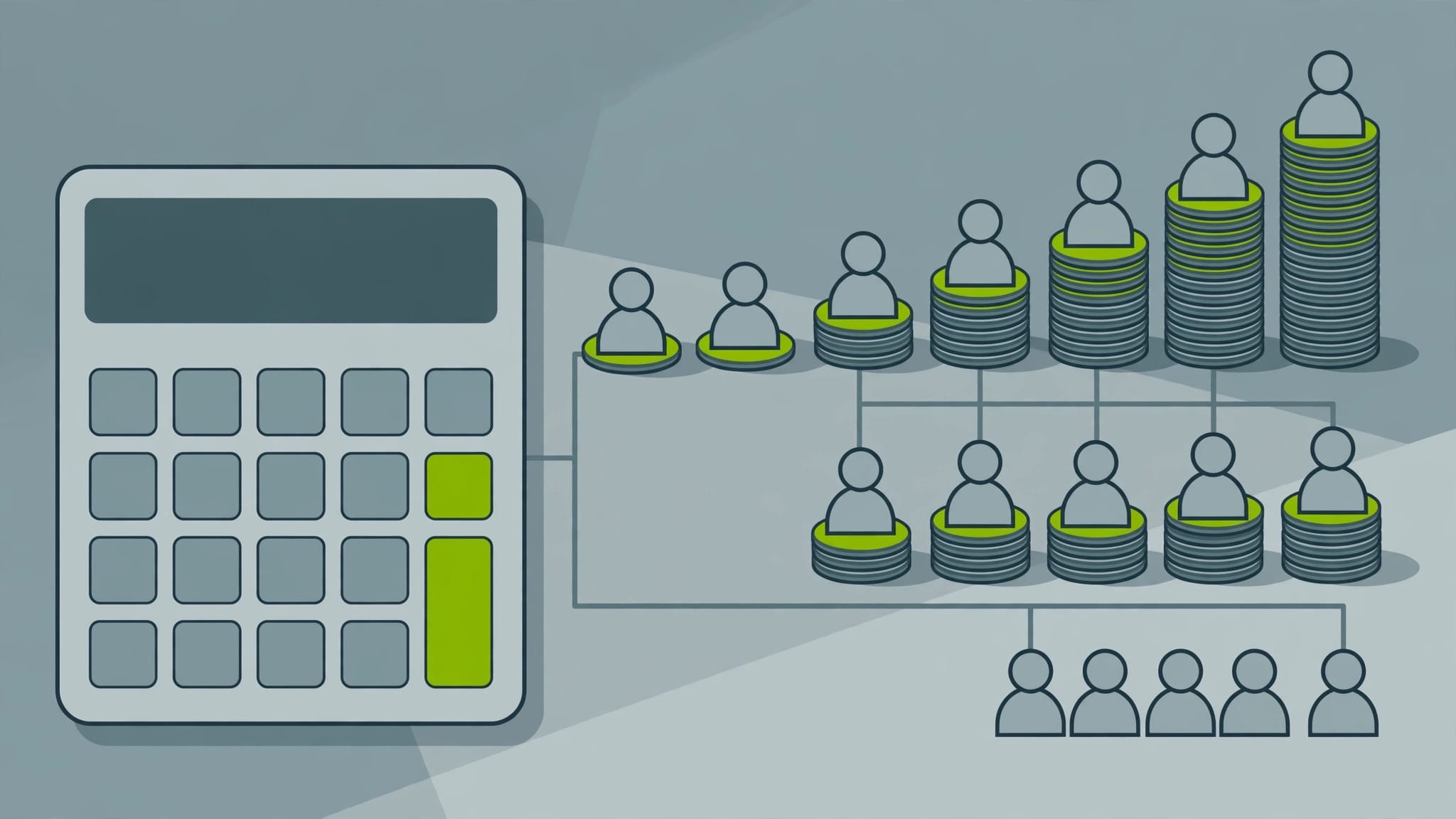 Illustration of a calculator beside an organisation chart of seats with coin stacks, representing per-seat Copilot pricing