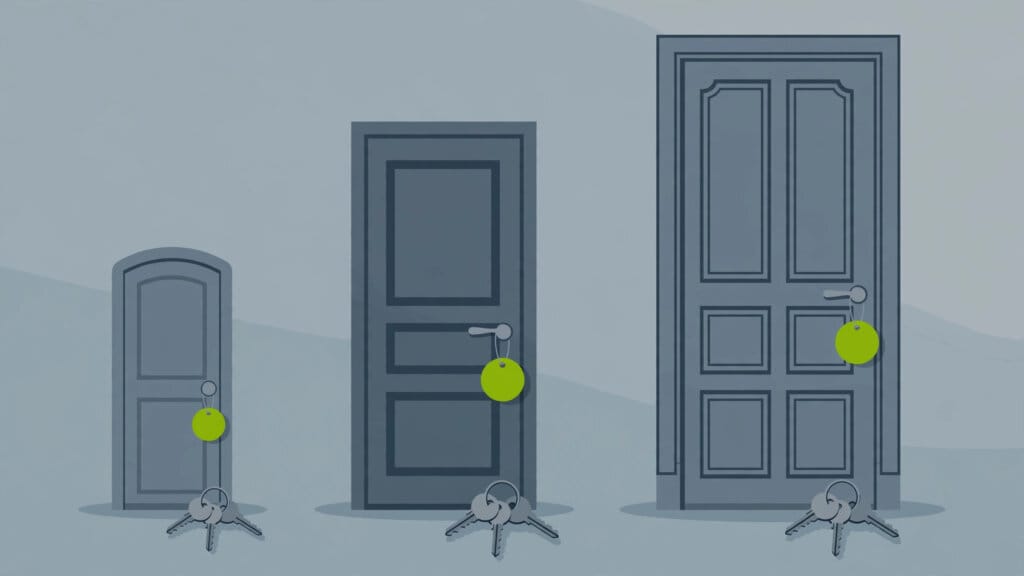 Illustration of three doors of increasing size with blank price tags, representing Microsoft Copilot's plan tiers
