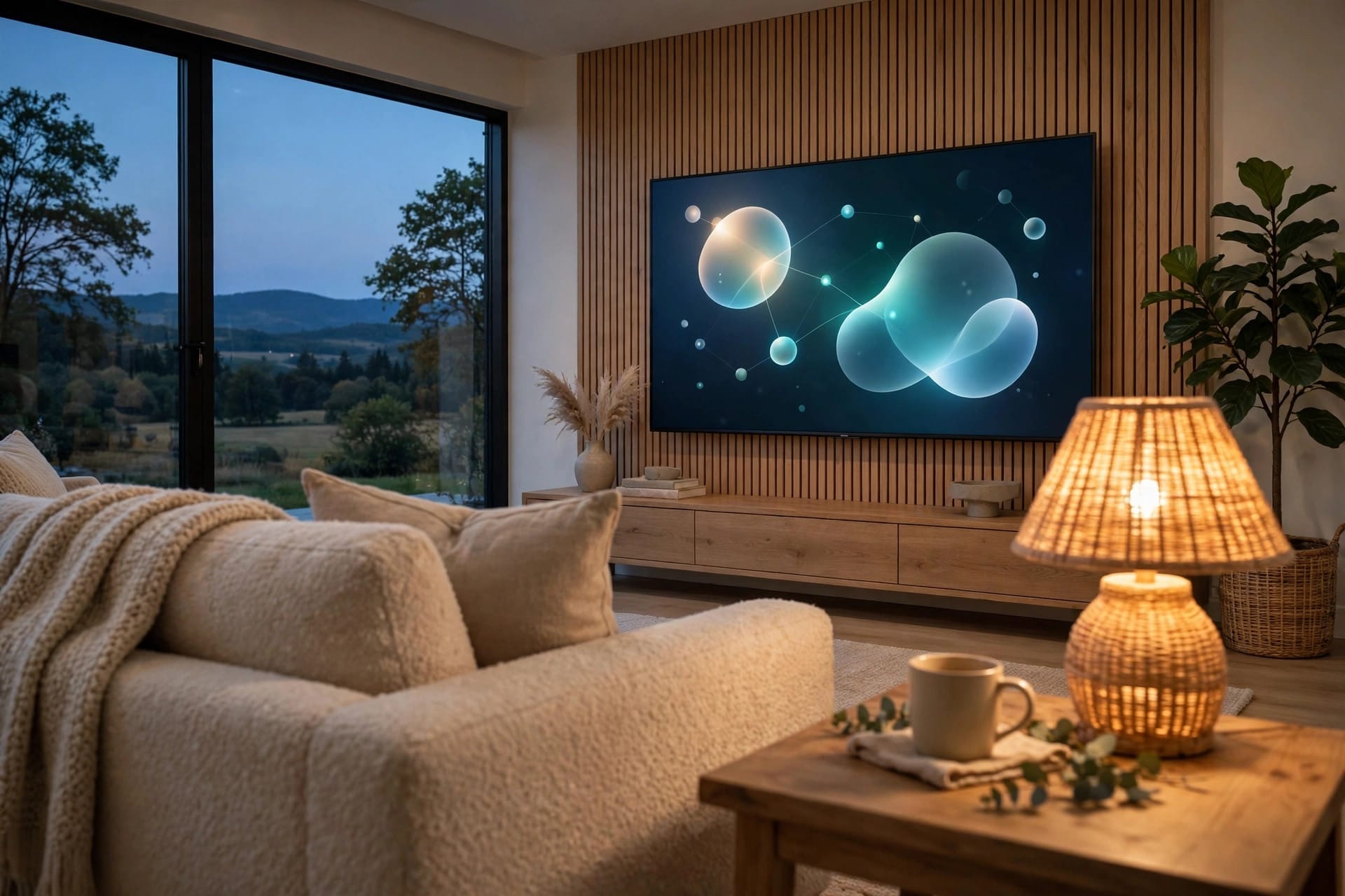 A modern living room at dusk with a large wall-mounted television showing an abstract AI assistant interface, no readable text