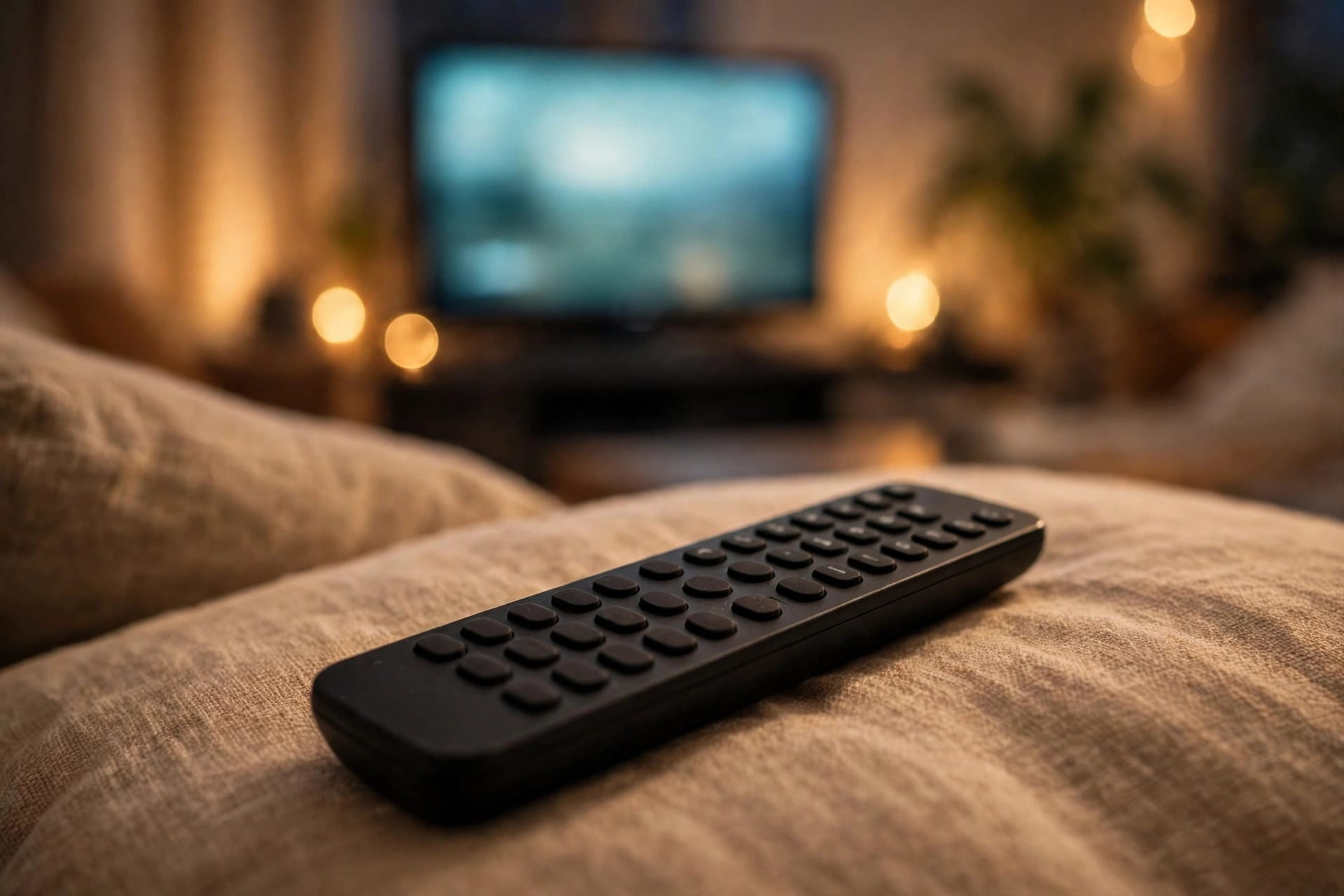 A plain television remote on a sofa cushion with a softly glowing television out of focus in the background, no readable text