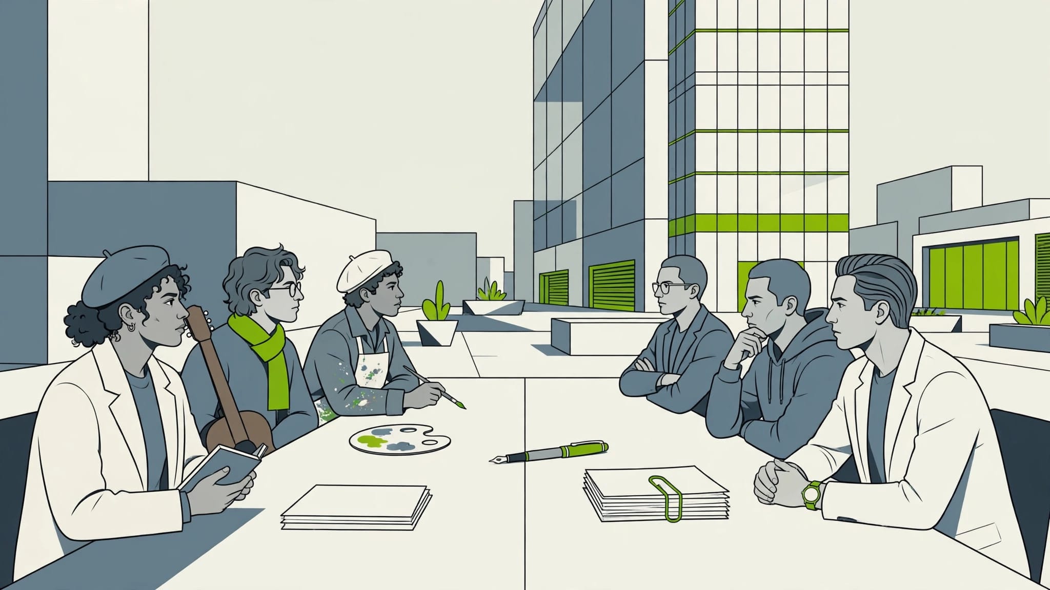 Illustration of creators negotiating across a table from a data centre, representing the AI copyright disputes