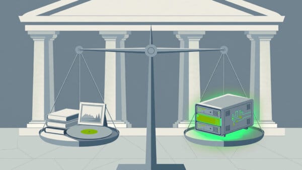 Illustration of a balance scale weighing books, music and pictures against a data server, representing AI copyright fights