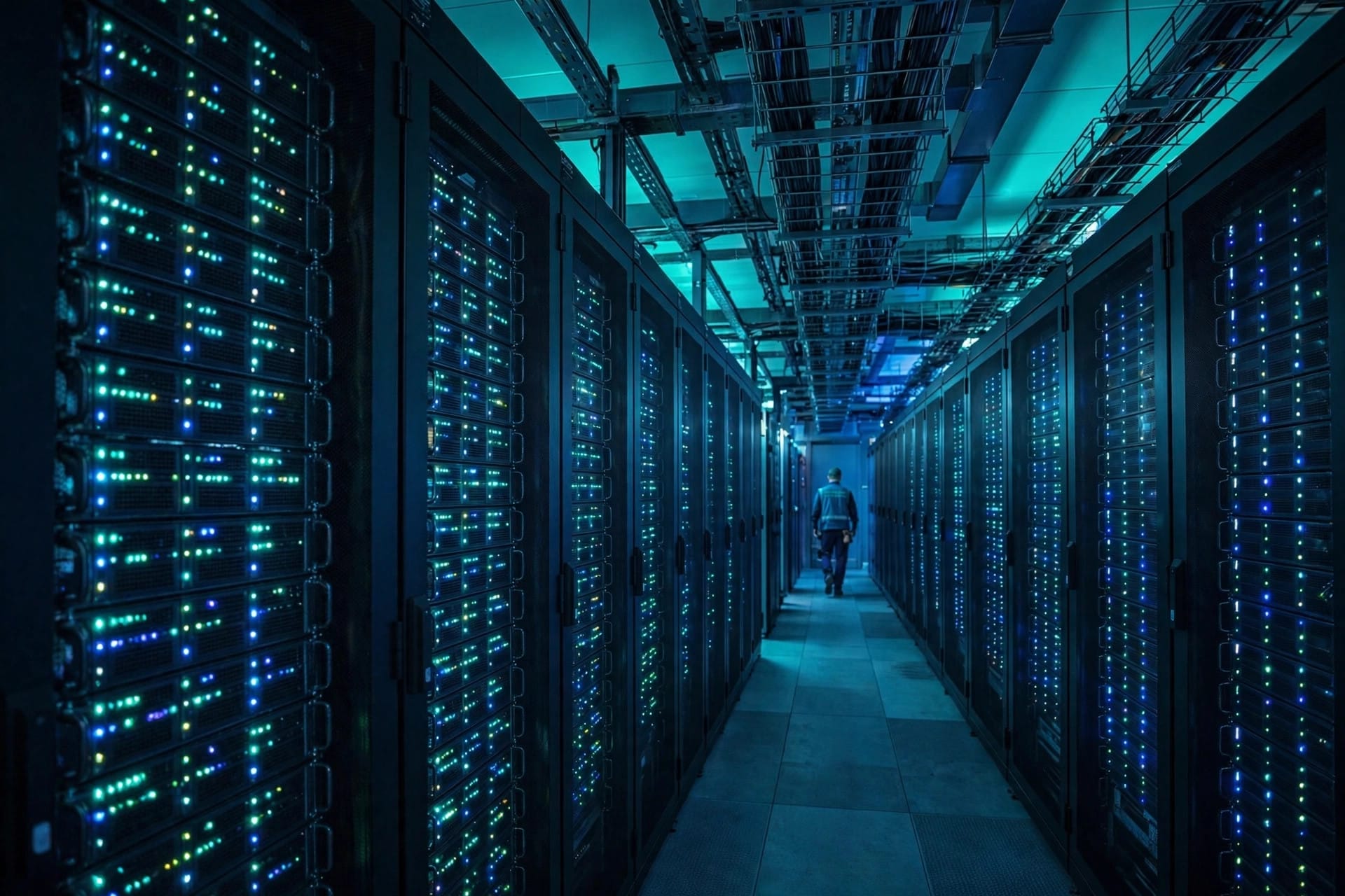 Data center aisle with server racks