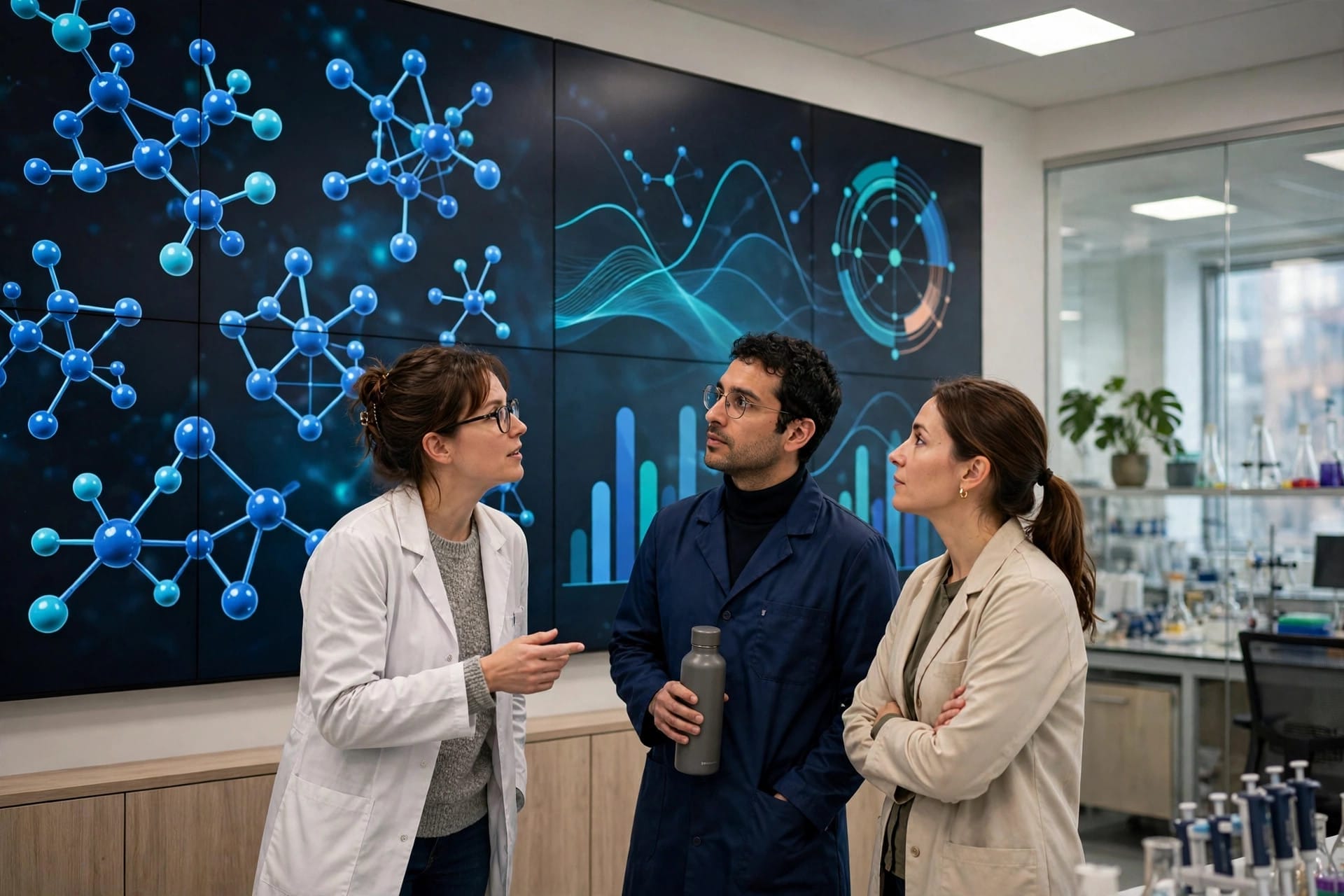 Researchers reviewing molecular structures
