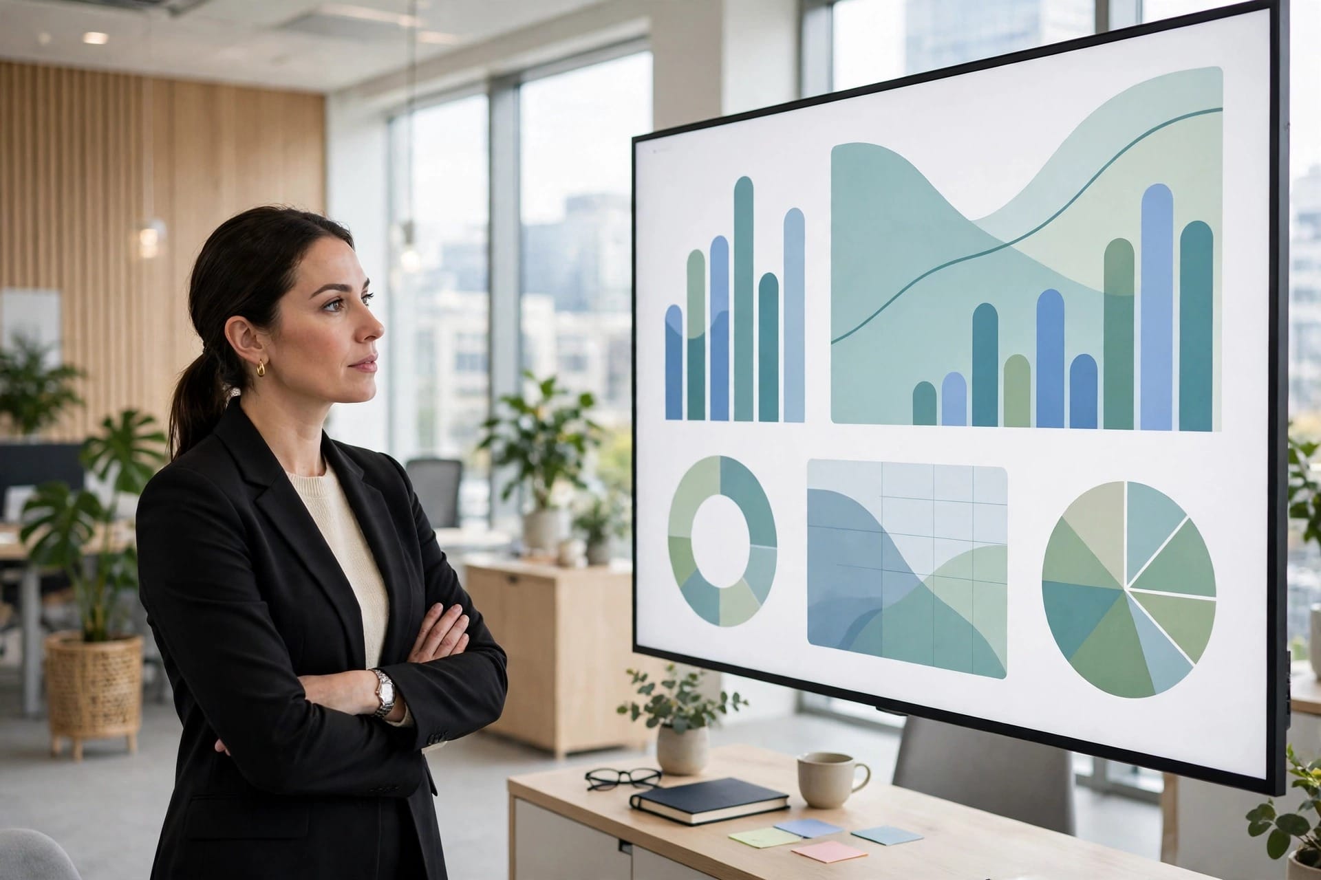 Manager reviewing workforce planning on a large office screen