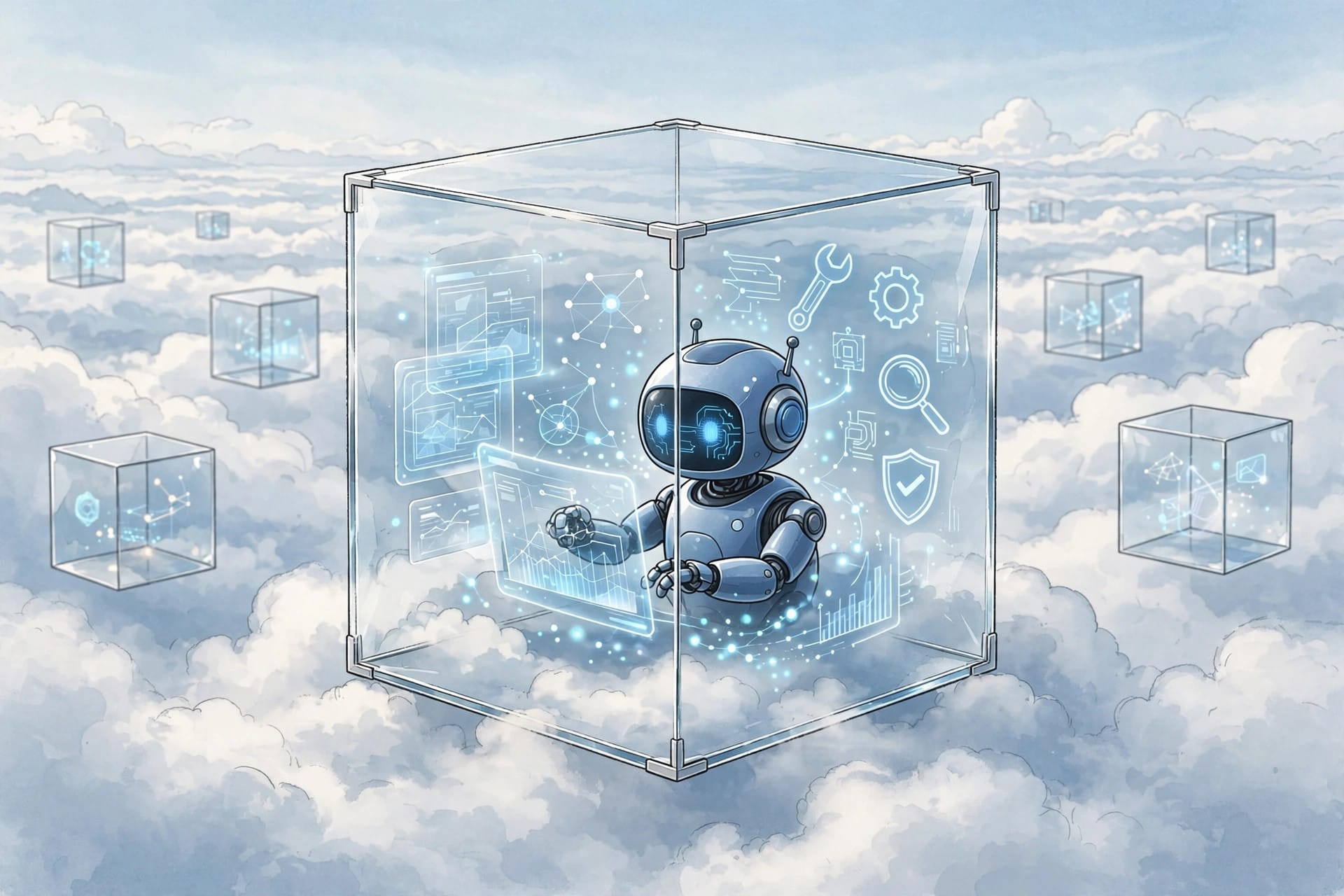 AI agent working inside a transparent isolated sandbox cube on Daytona agent cloud