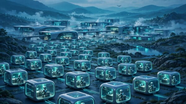 Daytona agent cloud data centre of glowing isolated sandbox pods for AI agents