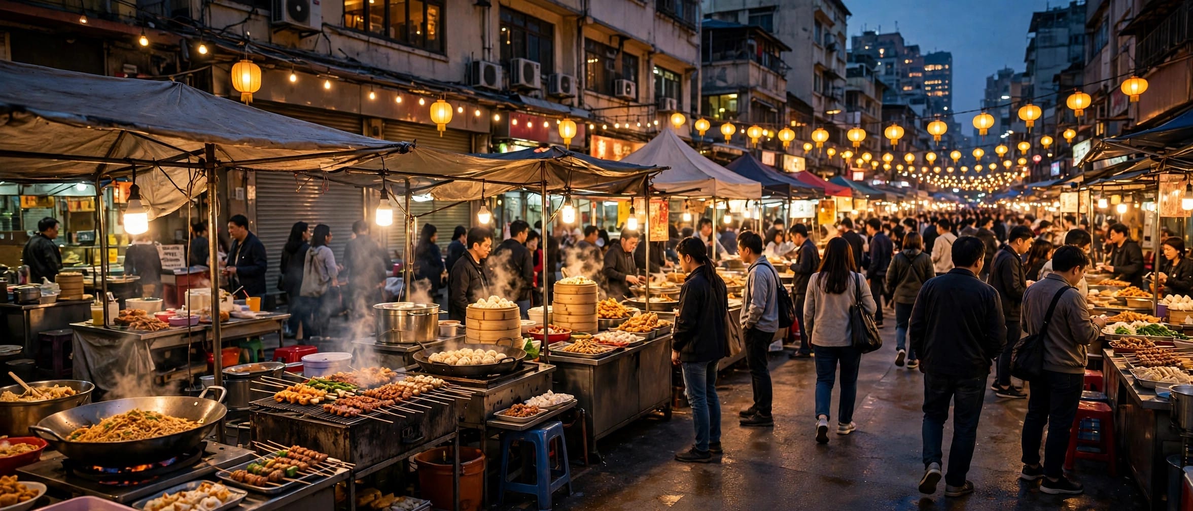 Busy evening street market in an Asian city