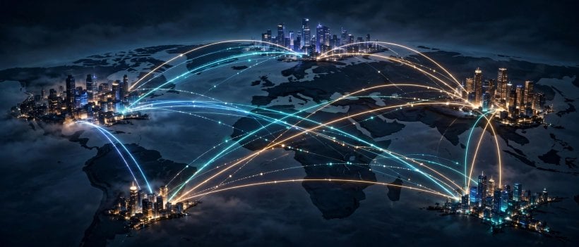 Glowing connection arcs linking city skylines across a dark world map at night