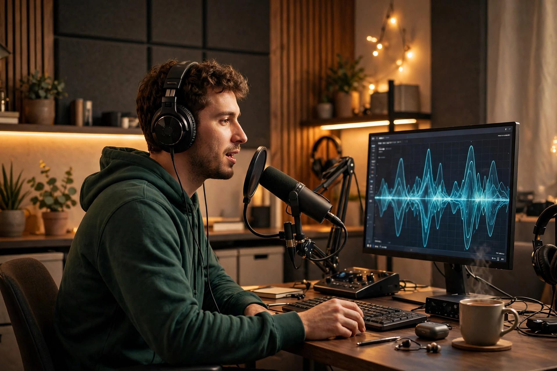 Man speaking into a studio microphone beside a monitor showing audio waveforms