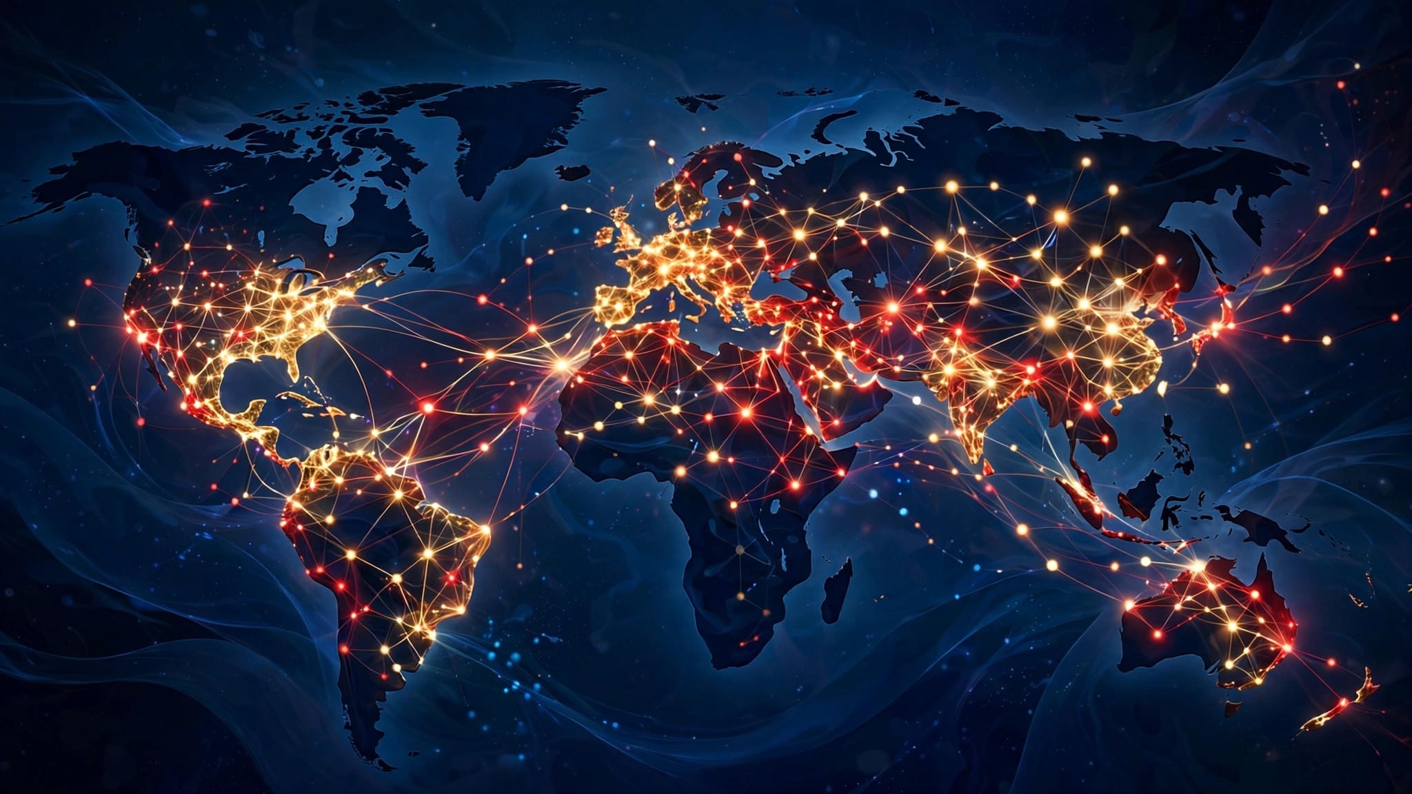 An open-source AI network spreading across a world map, illustrating DeepSeek and MiniMax global deployment approval