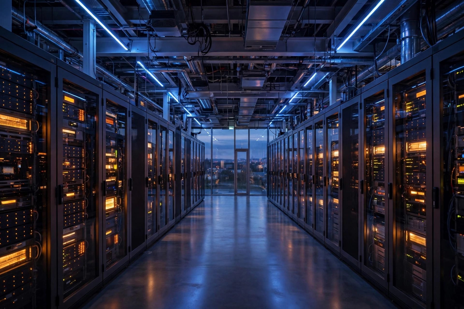 A data centre corridor lined with glowing server racks at dusk