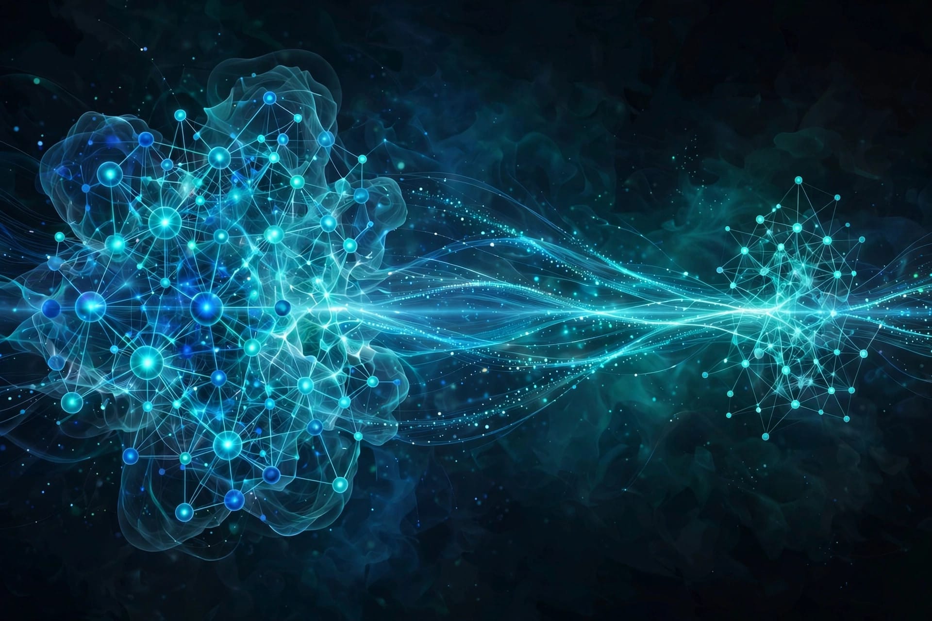 A large glowing network passing streams of light to a smaller network