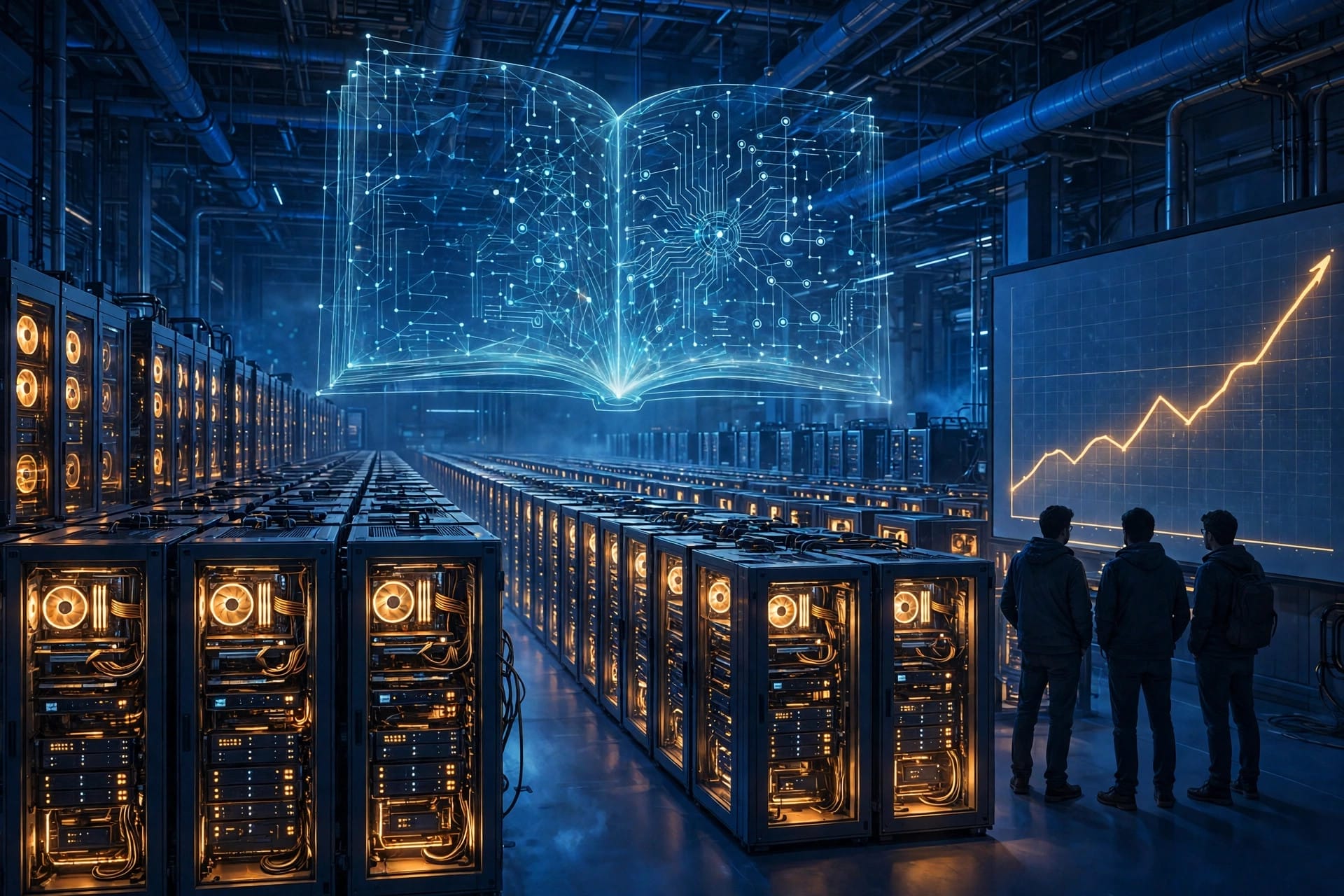 DeepSeek data centre illustration: glowing GPU server racks with an open model code projection, funded by the new raise