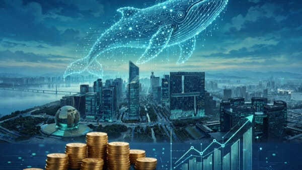 DeepSeek funding round illustration: a glowing neural whale over the Hangzhou skyline with yuan coins and a rising funding chart