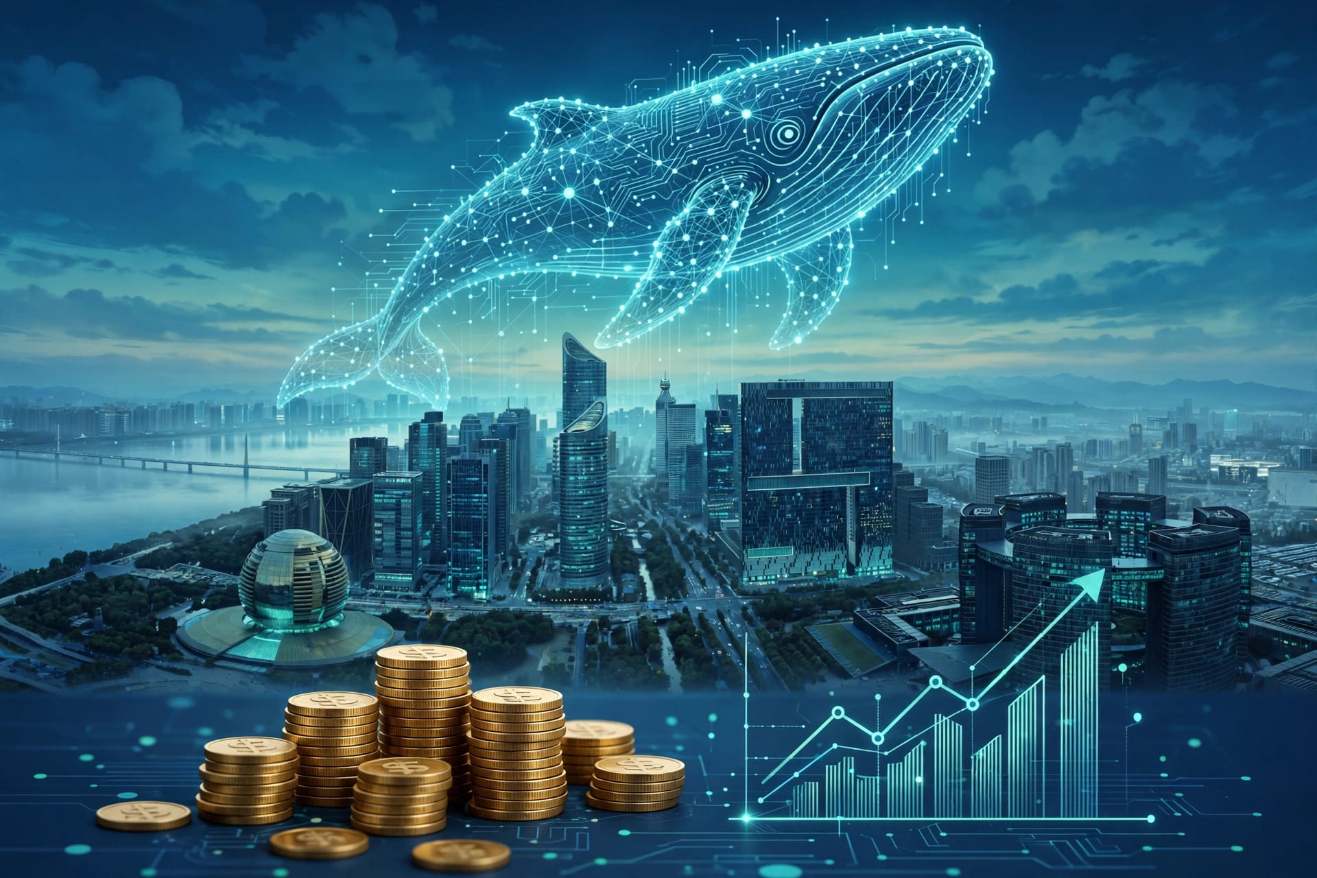 DeepSeek funding round illustration: a glowing neural whale over the Hangzhou skyline with yuan coins and a rising funding chart